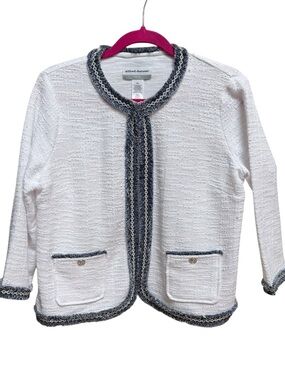 Alfred Dunner White Textured Open Cardigan/Jacket with Navy Trim Size S